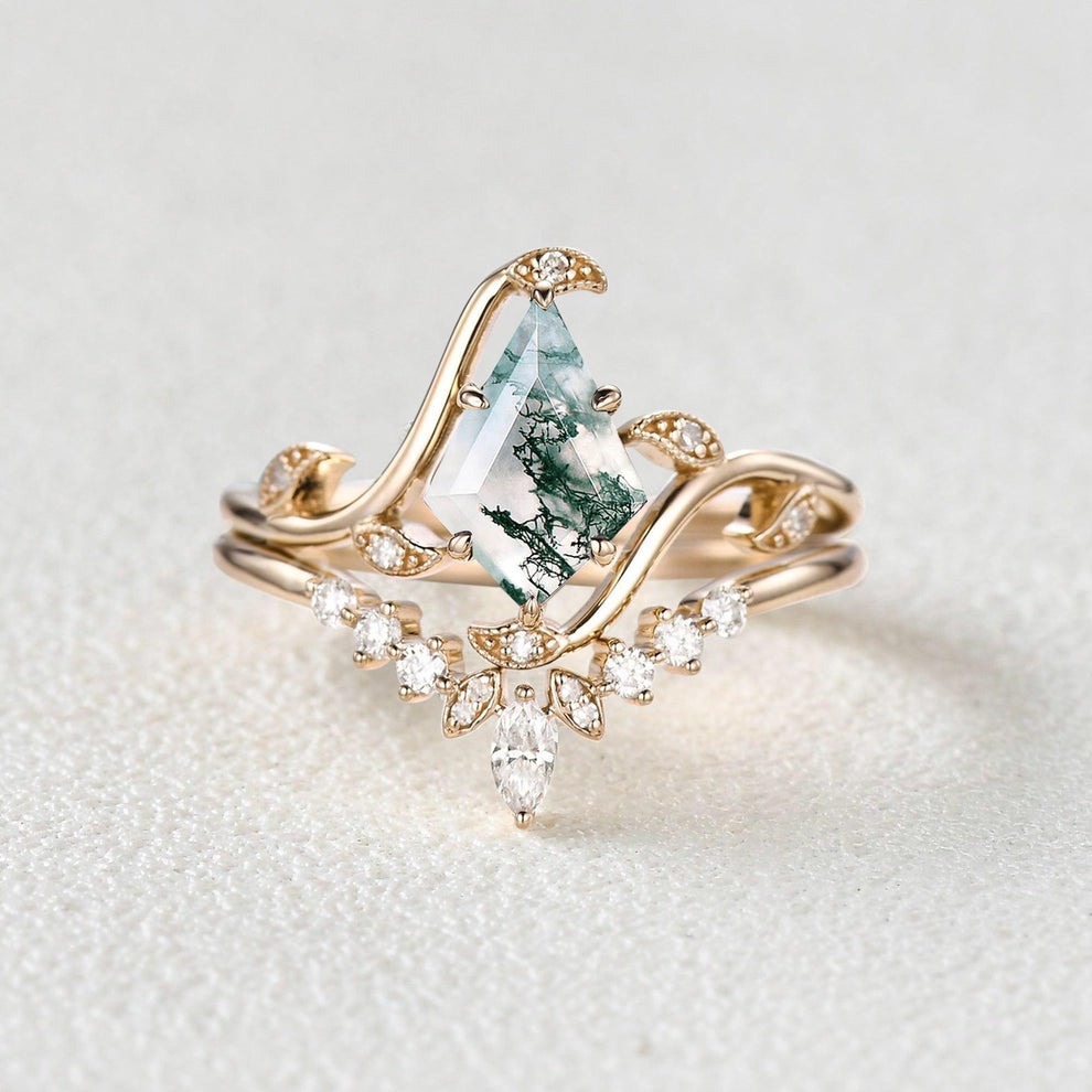 Ivy Unique Kite Cut Moss Agate Leafy Engagement Ring Sets 2pcs.