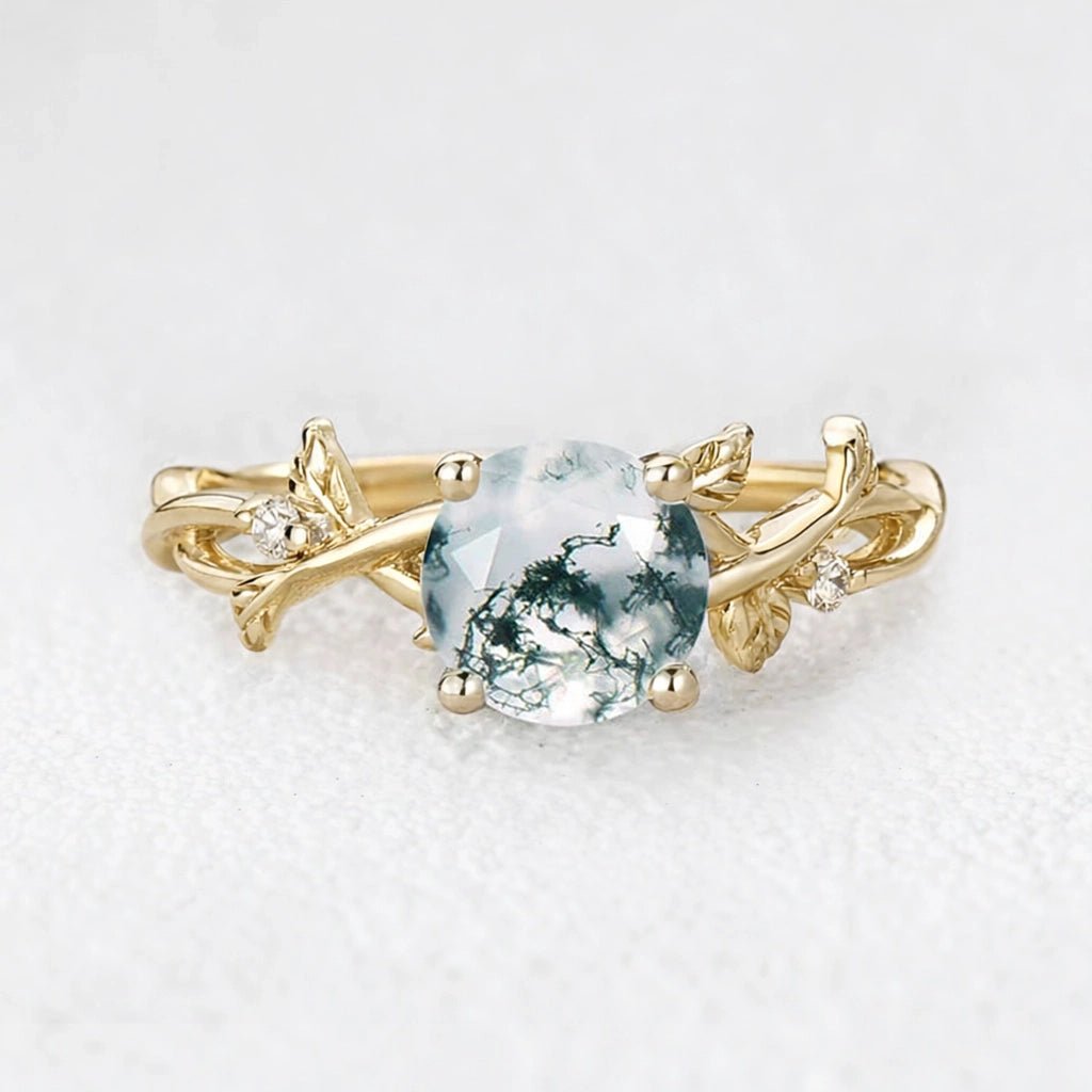 Mirabelle’s Tendril | Round Cut Moss Agate Leafy Engagement Ring.