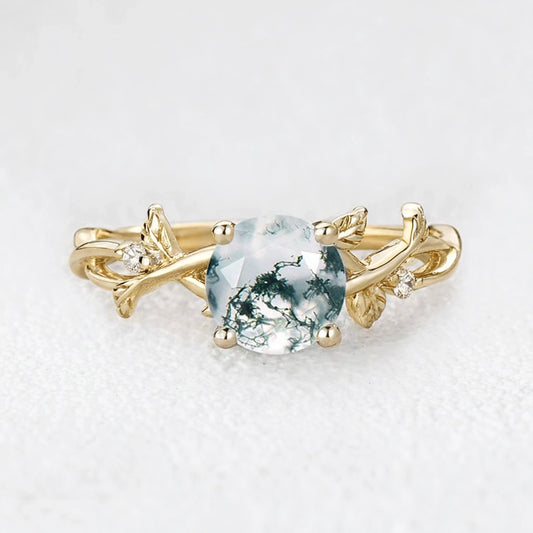 Mirabelle’s Tendril | Round Cut Moss Agate Leafy Engagement Ring.