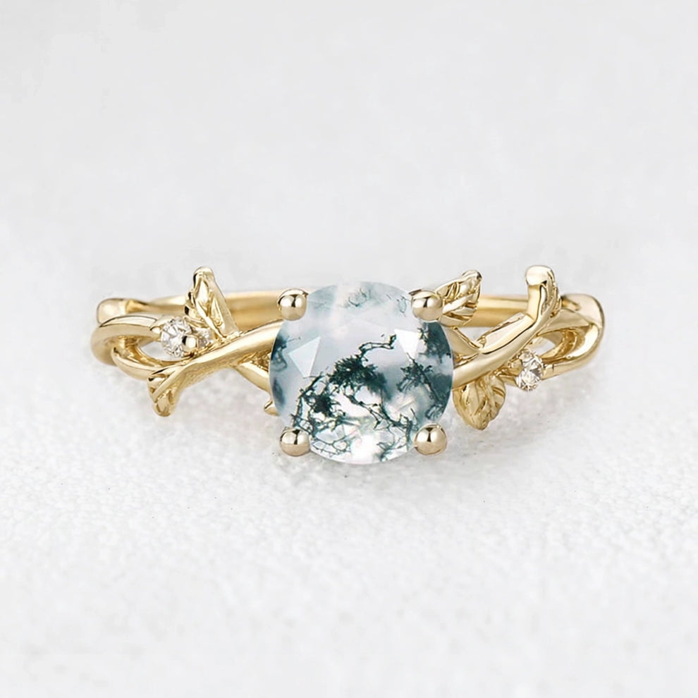 Mirabelle’s Tendril | Round Cut Moss Agate Leafy Engagement Ring.
