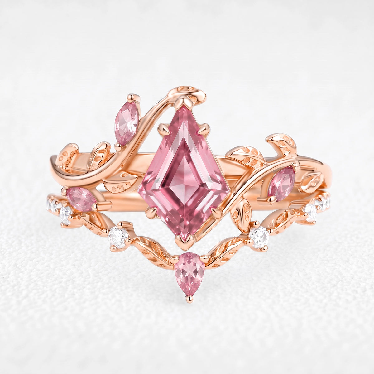 Isolde's Bloom | Kite Cut Pink Sapphire Foliage Bridal Duo