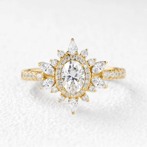 Verdana’s Nimbus | Oval Moss Agate Halo  Engagement Ring