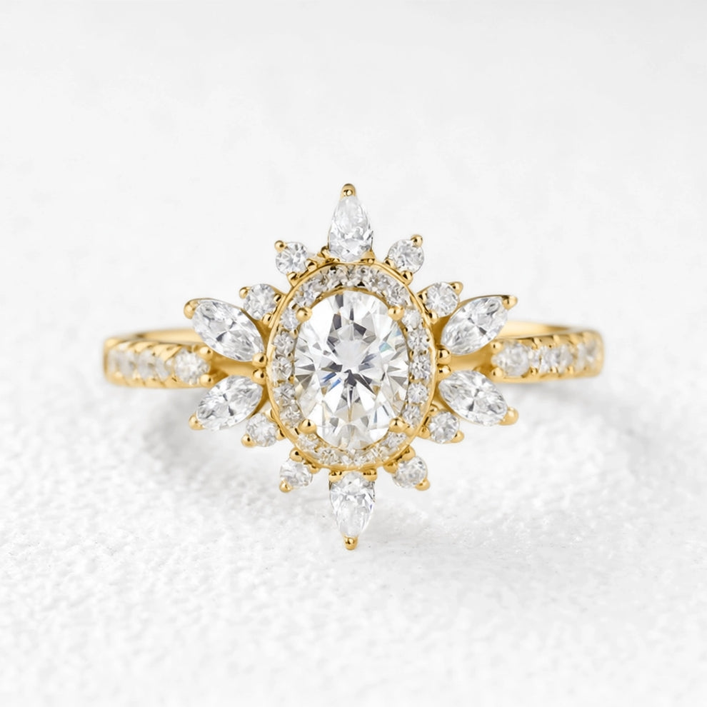 Verdana’s Nimbus | Oval Moss Agate Halo  Engagement Ring.
