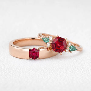 Valencia’s Tessera | Vintage Hexagon Ruby & Tension Set Couple Set