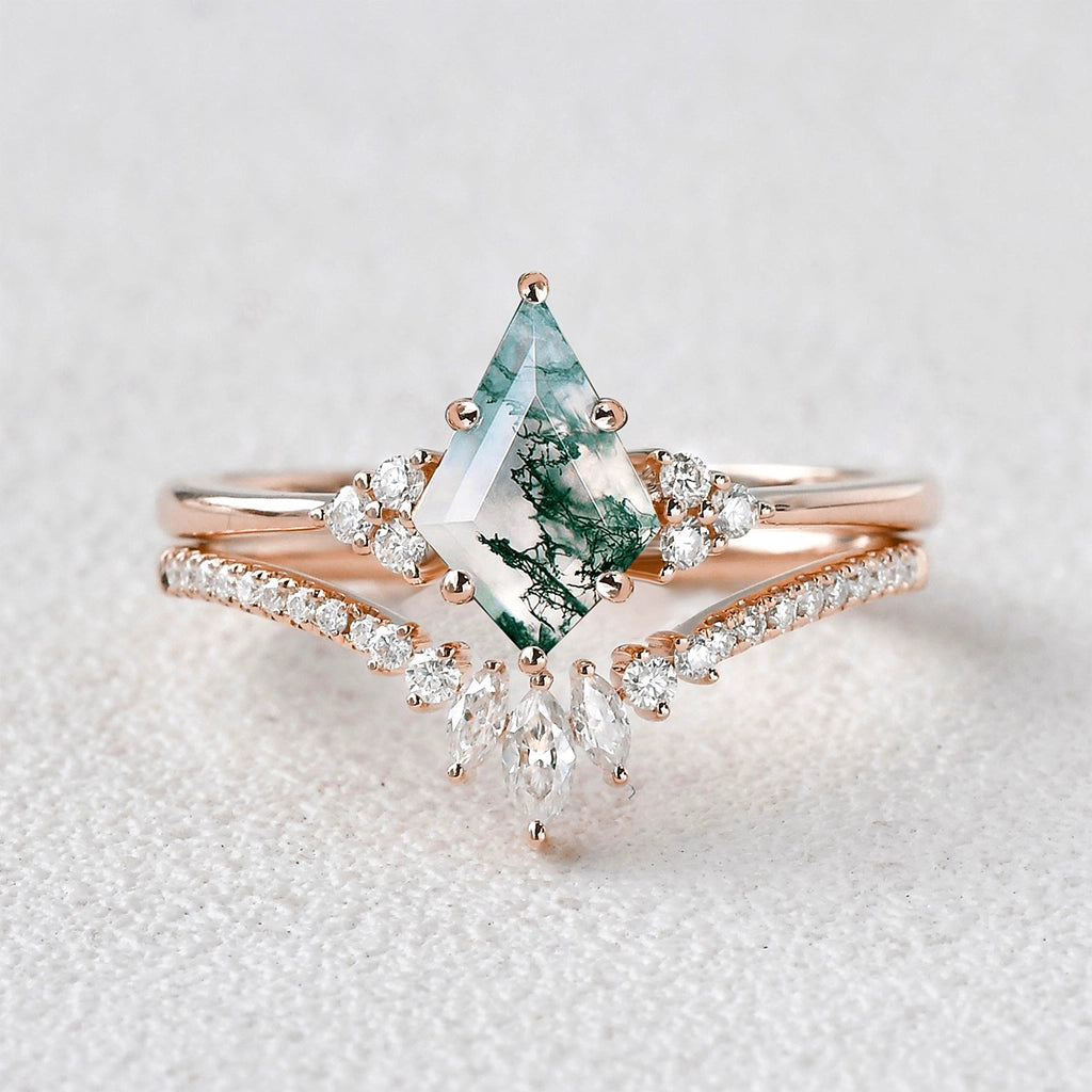 Elara’s Grove | Kite Cut Moss Agate Engagement Ring Set 2pcs.