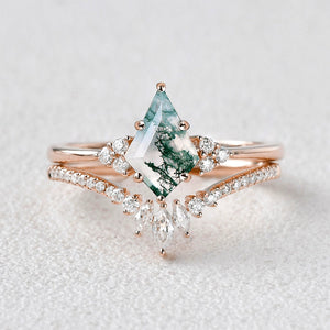 Elara’s Grove | Kite Cut Moss Agate Engagement Ring Set 2pcs
