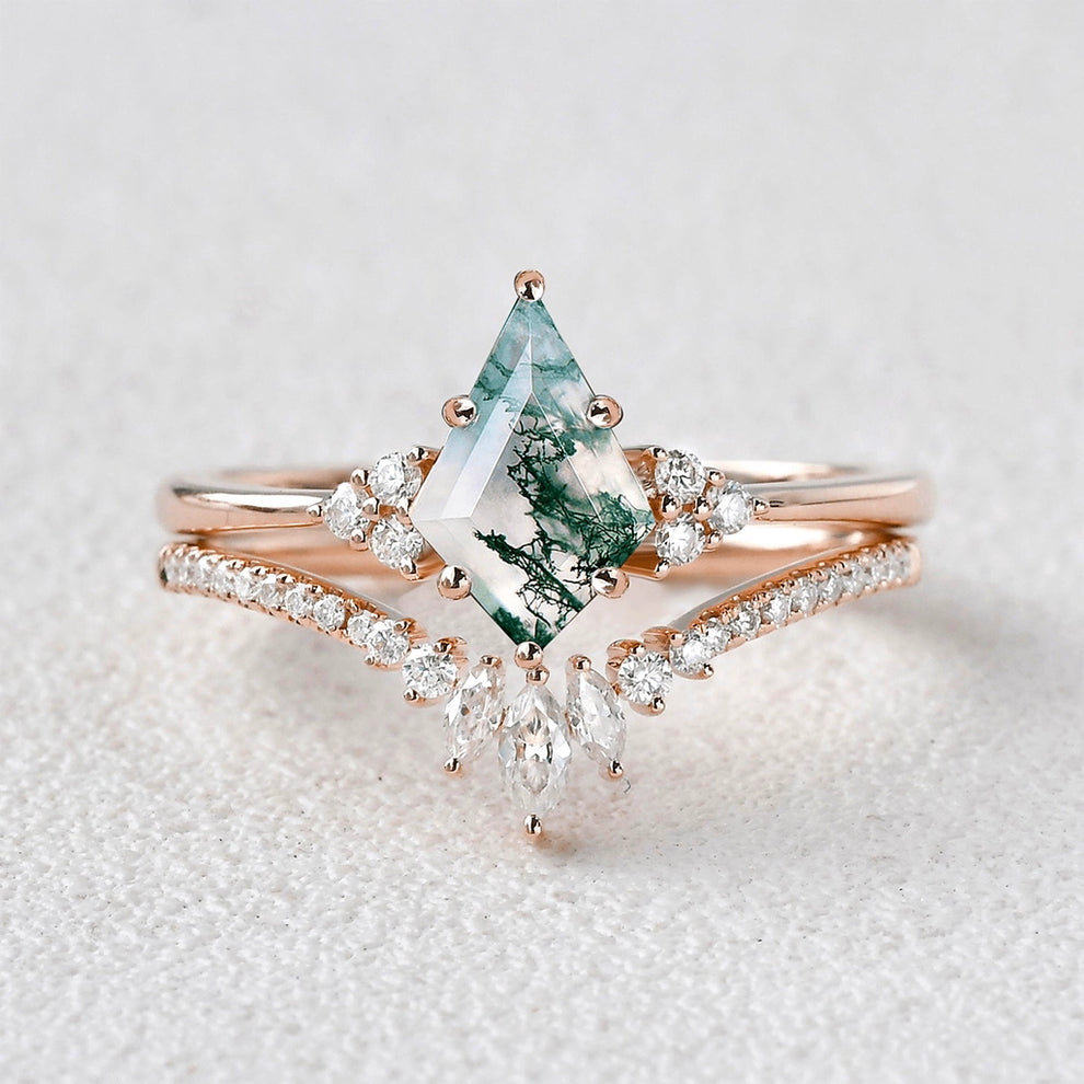Elara’s Grove | Kite Cut Moss Agate Engagement Ring Set 2pcs.