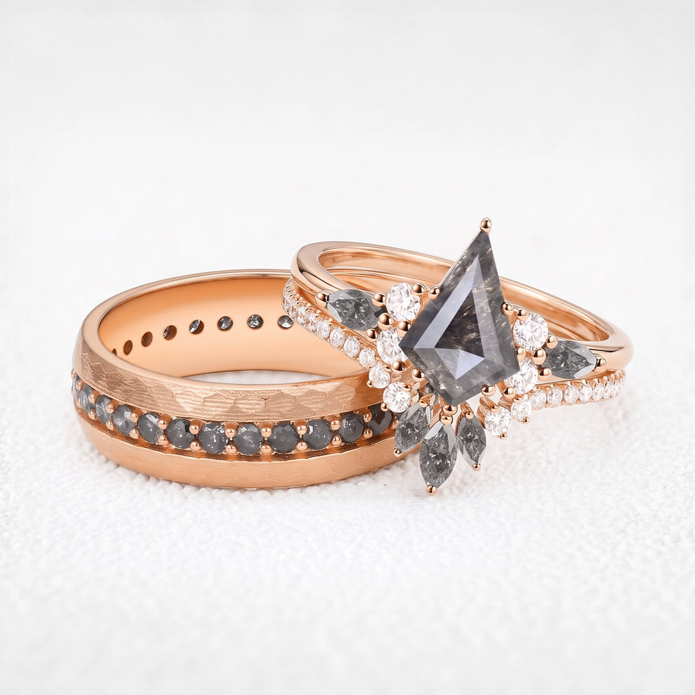 Astra‘s Orbit | 1.5CT Kite Salt & Pepper Diamond Chevron & Circle-set Band Couple Set 3pcs