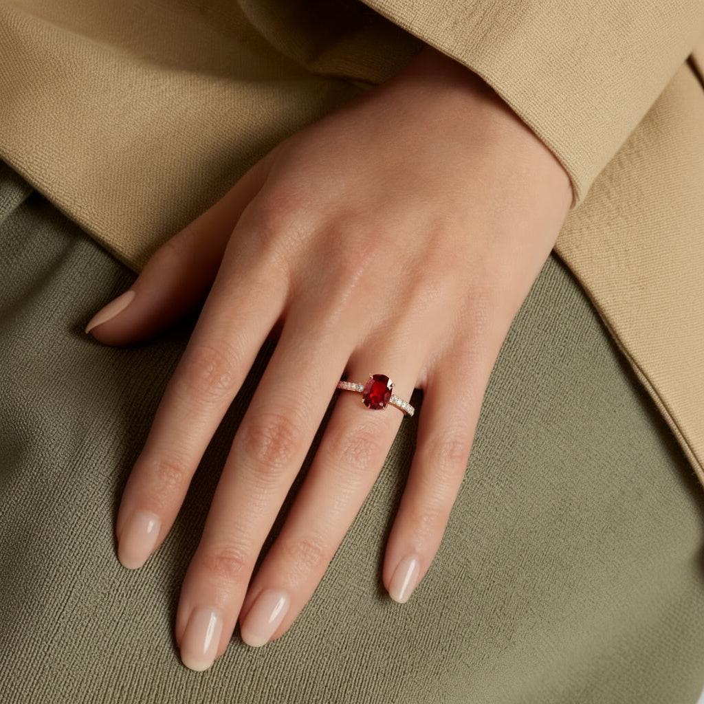 Iris’s Blaze | 2CT Oval-Cut Red Gemstone Ring.