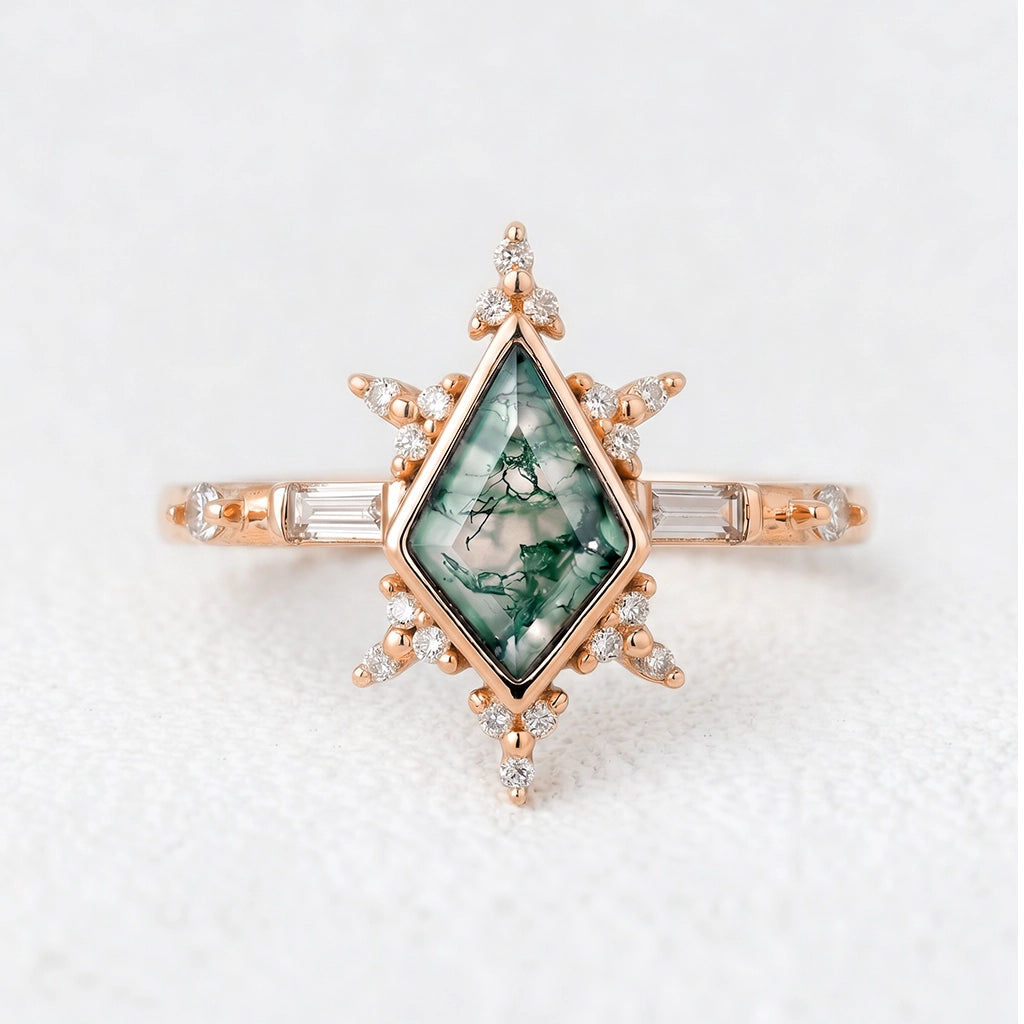 Nova’s Flare | Kite Cut Moss Agate Engagement Ring