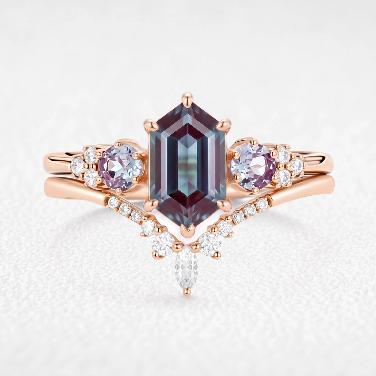 Sylvie’s Frond | Hexagon Cut Alexandrite Cluster Chevron Bridal Set 2pcs