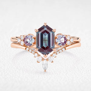 Sylvie’s Frond | Hexagon Cut Alexandrite Cluster Chevron Bridal Set 2pcs