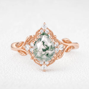 Alexandra’s Verdure | Pear-Cut Moss Agate Foliage Vintage Engagement Ring