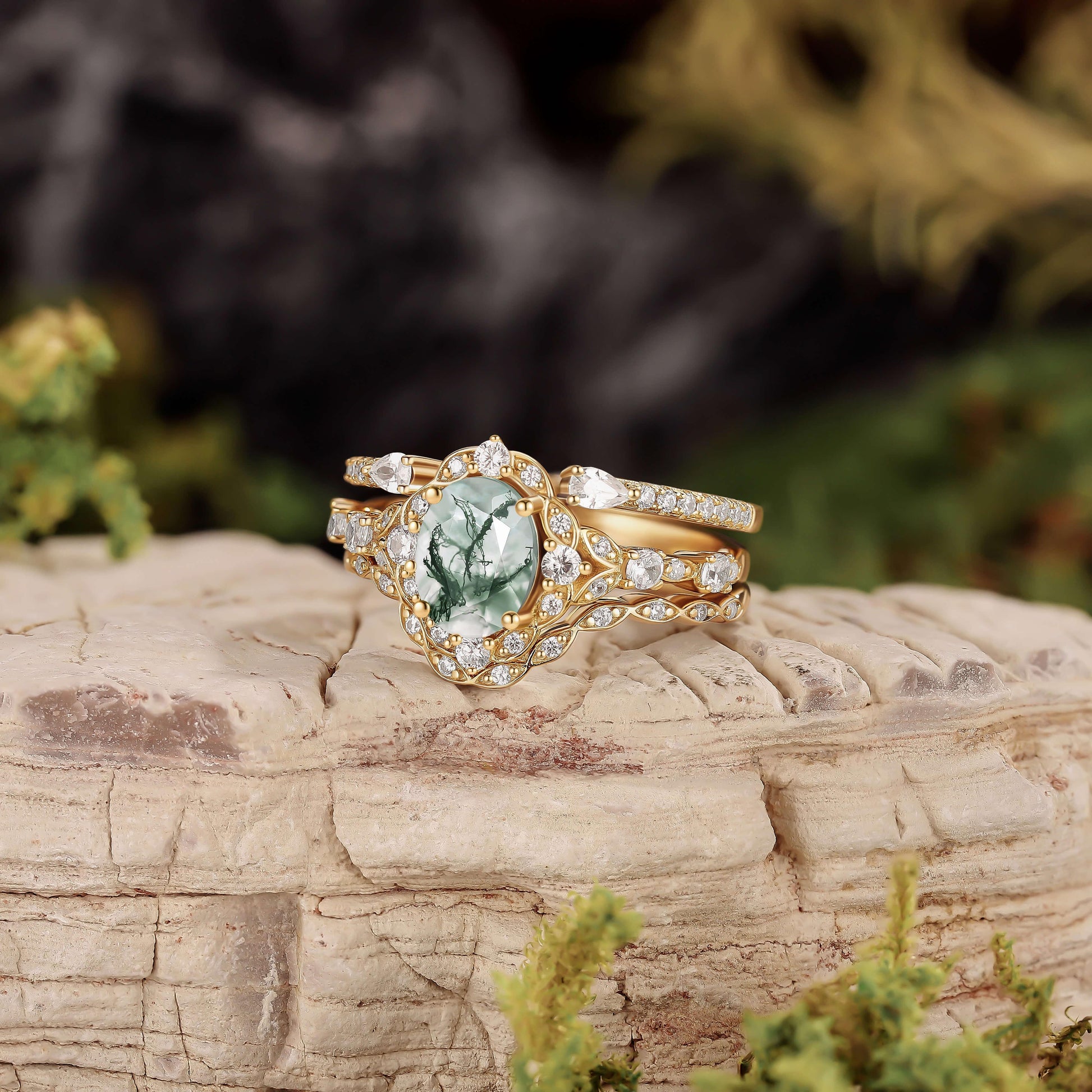 Unique Oval Cut Moss Agate Cluster Engagement Ring Set 3pcs.