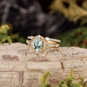 Unique Oval Cut Moss Agate Cluster Engagement Ring Set 3pcs.