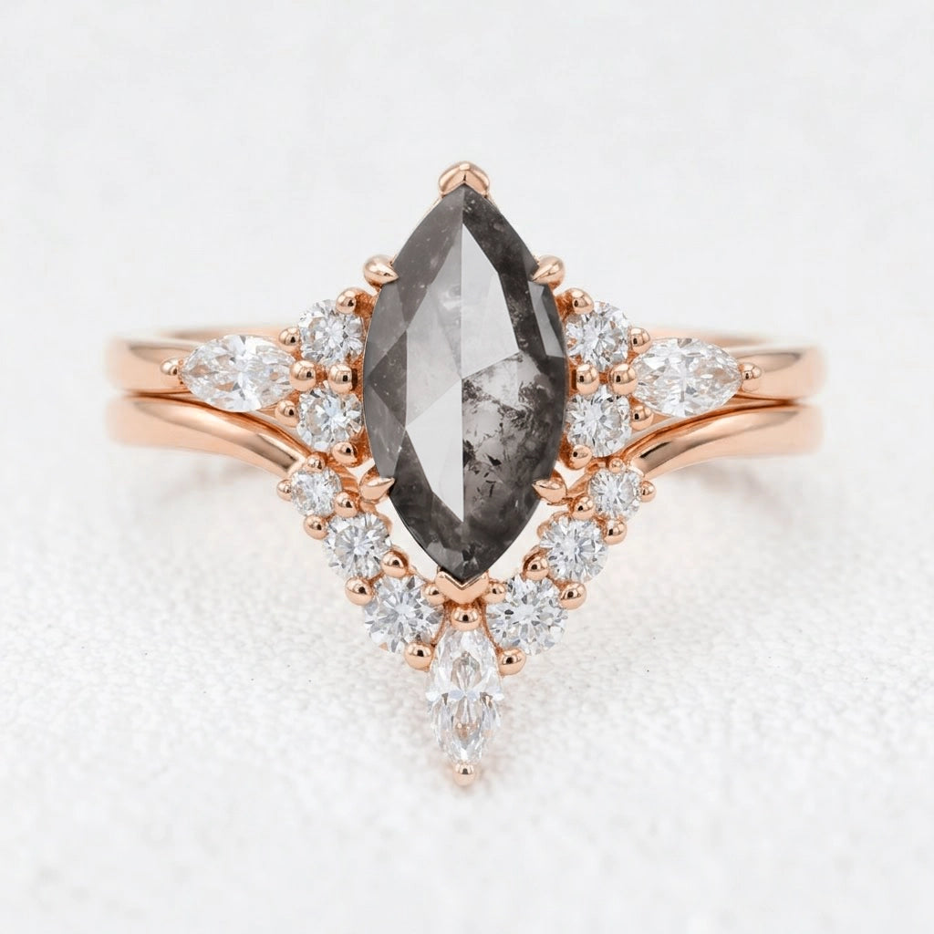 Isadora's Reverie | 1CT Marquise Cut Salt & Pepper Diamond Vintage Bridal Set 2pcs