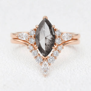 Isadora's Reverie | 1CT Marquise Cut Salt & Pepper Diamond Vintage Bridal Set 2pcs