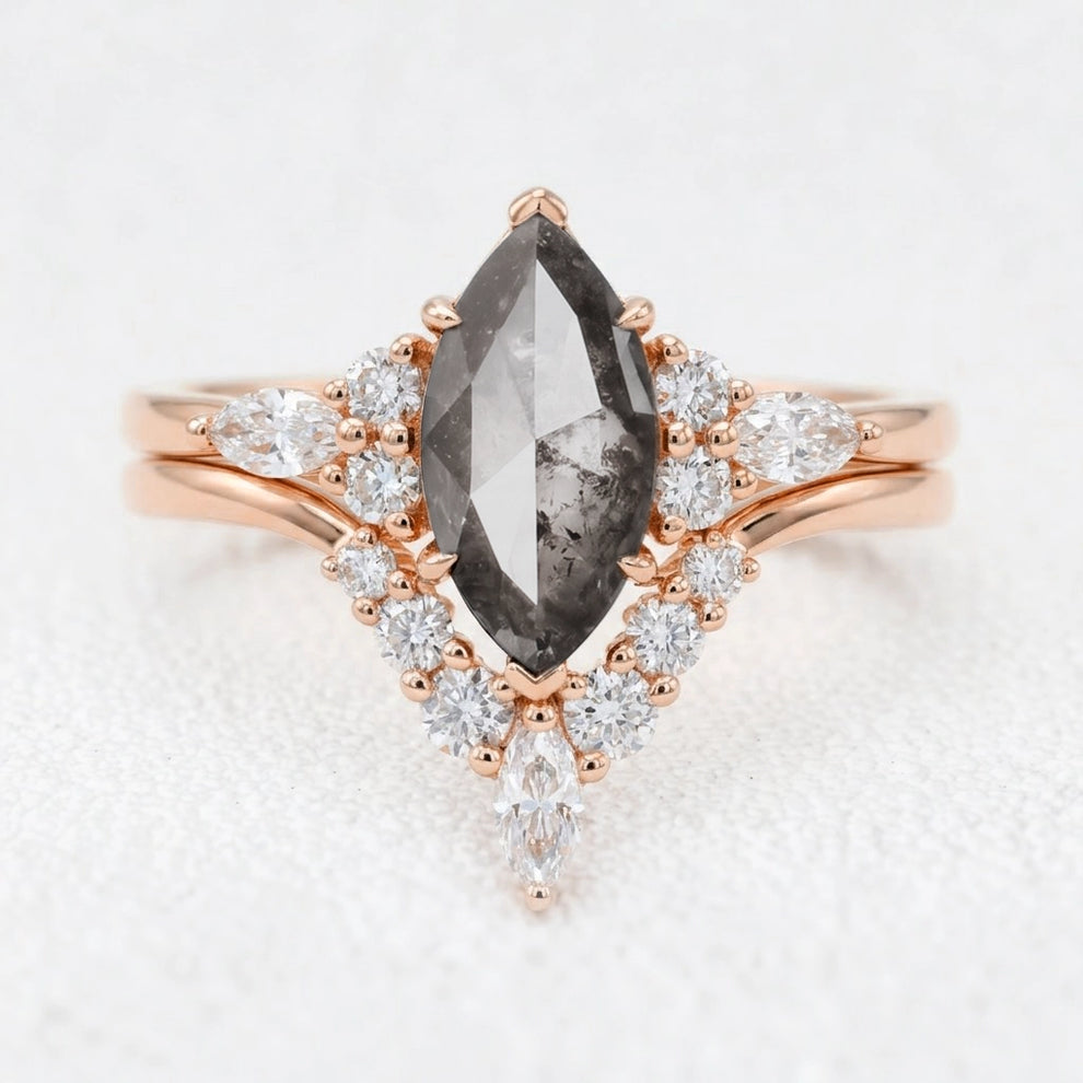 Isadora's Reverie | 1CT Marquise Cut Salt & Pepper Diamond Vintage Bridal Set 2pcs