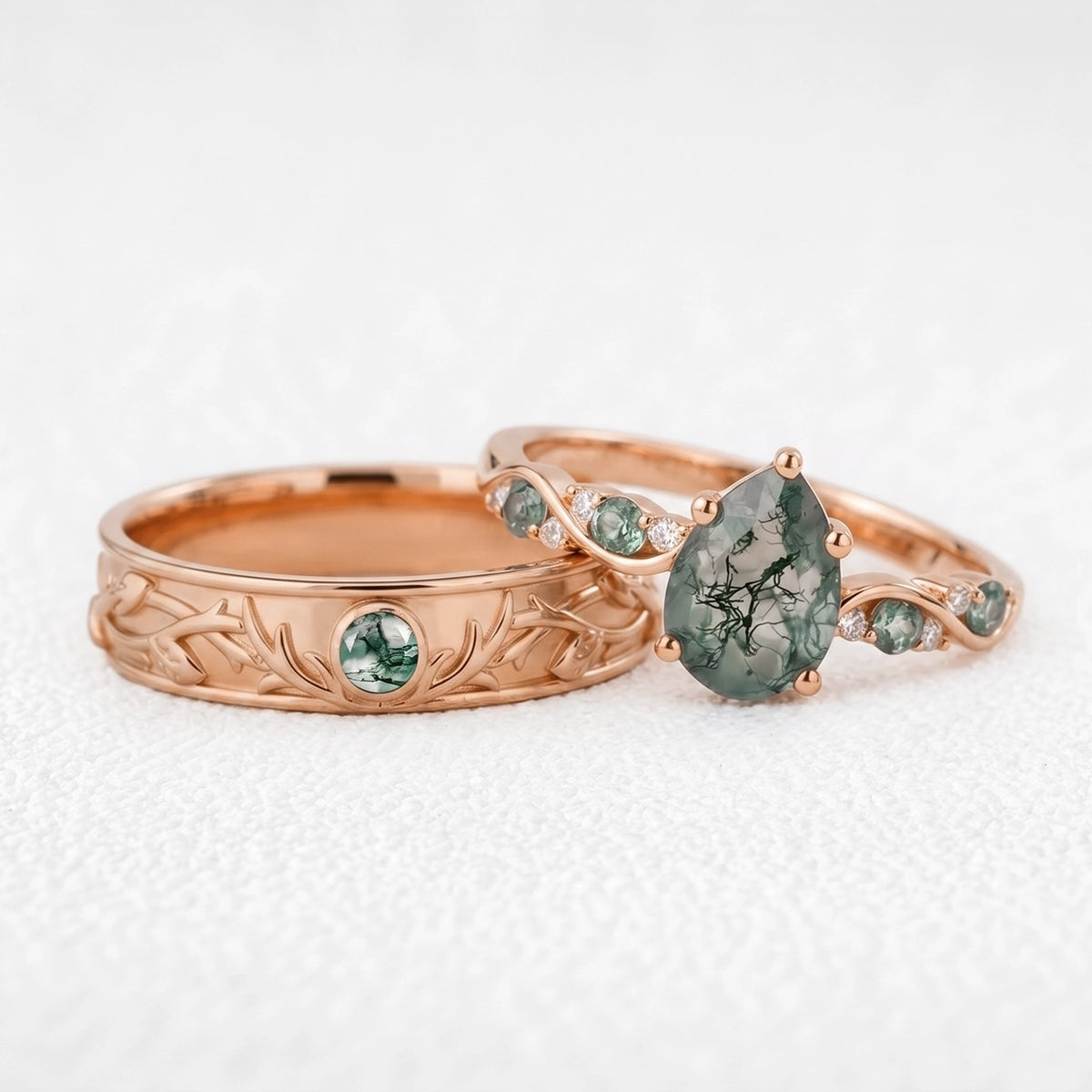 Sylvie’s Antler | Pear Moss Agate & Carved Band Couple Set