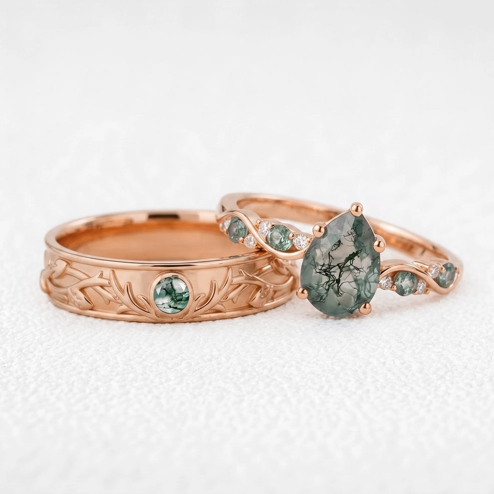 Sylvie’s Antler | Pear Moss Agate & Carved Band Couple Set