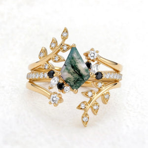 Fourfold Bond | Kite Cut Moss Agate & Black Moissanite Couple Ring Set 4pcs.