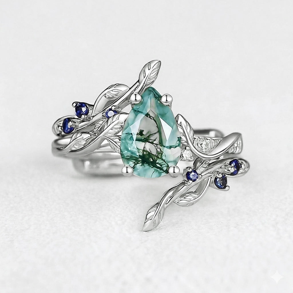 Cressida’s Companion | Moss Agate & Sapphire Engagement Enhancer Ring Set 2pcs.