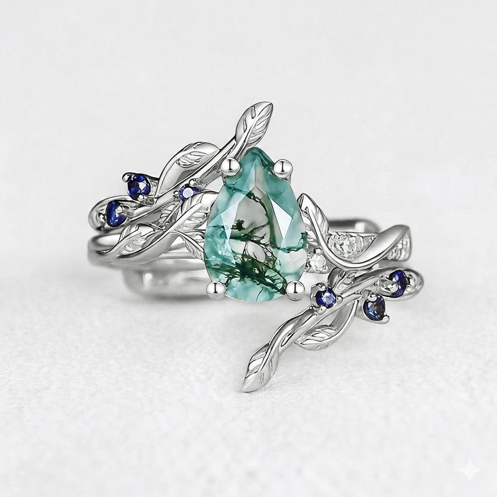 Cressida’s Companion | Moss Agate & Sapphire Engagement Enhancer Ring Set 2pcs.