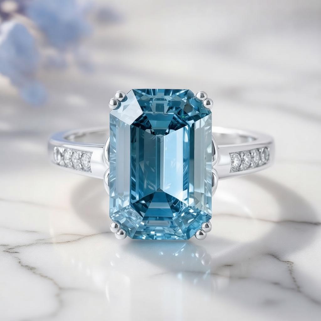 Marina's Tide | 5CT Emerald Cut Blue Gemstone Ring.