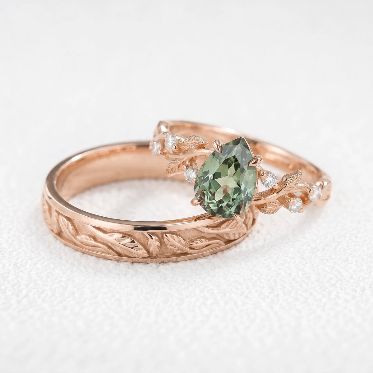 Sylvie‘s Verdure | 1.3CT Green Sapphire & Maple Leaf Couple Set