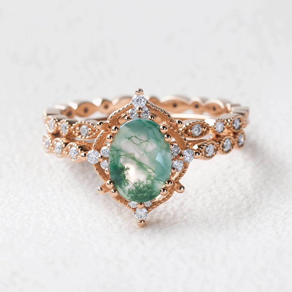 Camellia’s Cameo | Oval Moss Agate Cluster Vintage Bridal Set 2pcs.