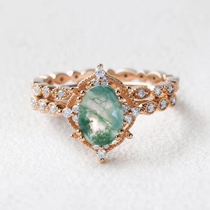 Camellia’s Cameo | Oval Moss Agate Cluster Vintage Bridal Set 2pcs.