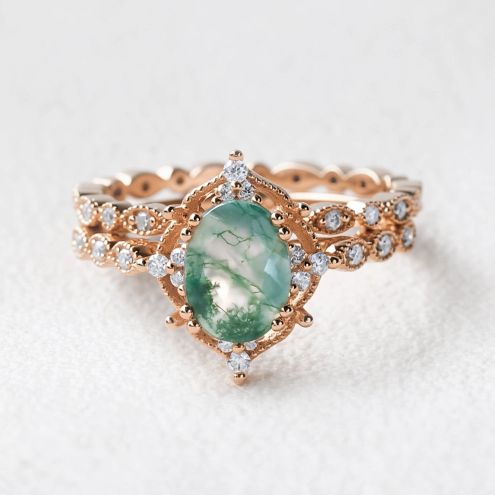 Camellia’s Cameo | Oval Moss Agate Cluster Vintage Bridal Set 2pcs.
