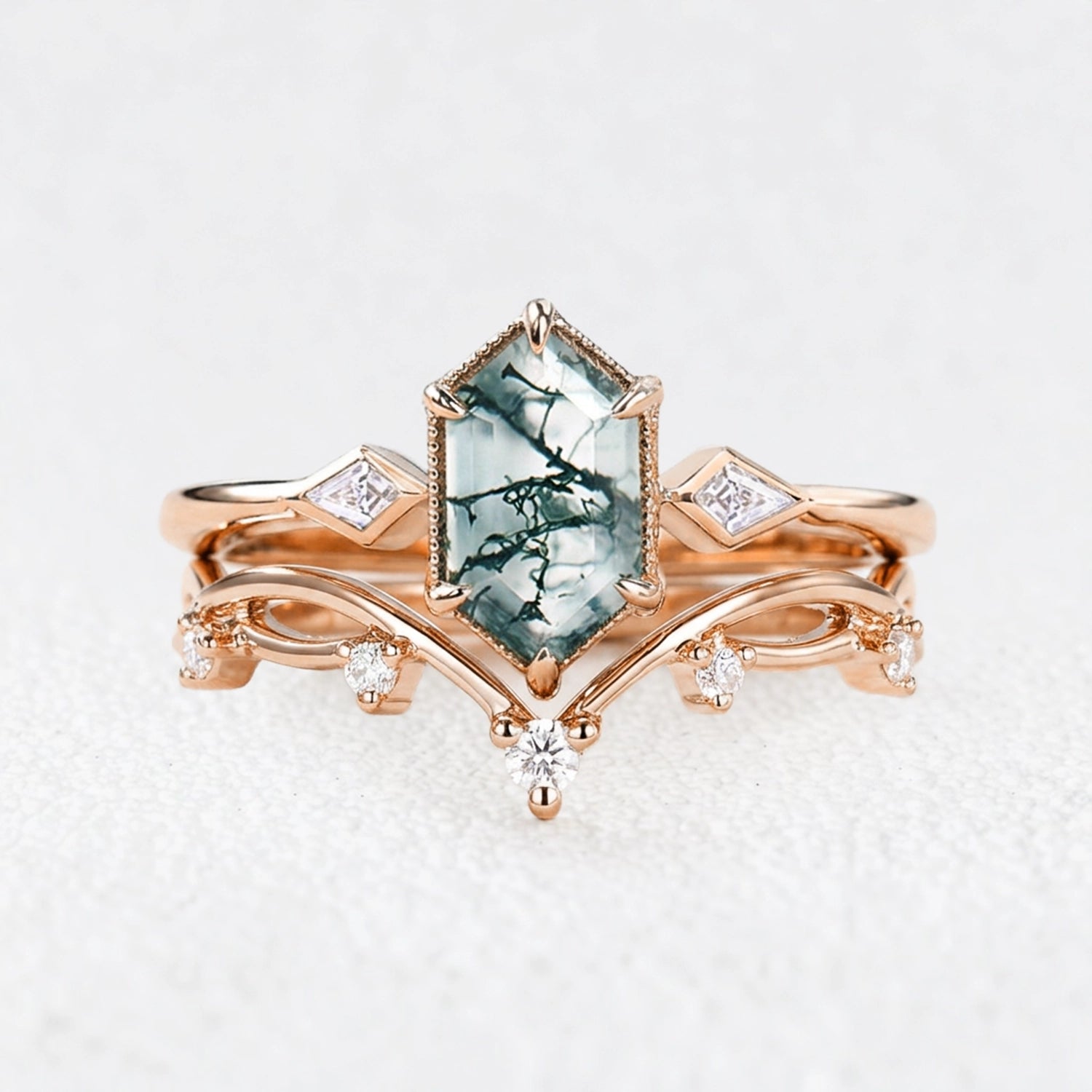 Isadora’s Verdant | Hexagon Moss Agate Trilogy Bridal Duo