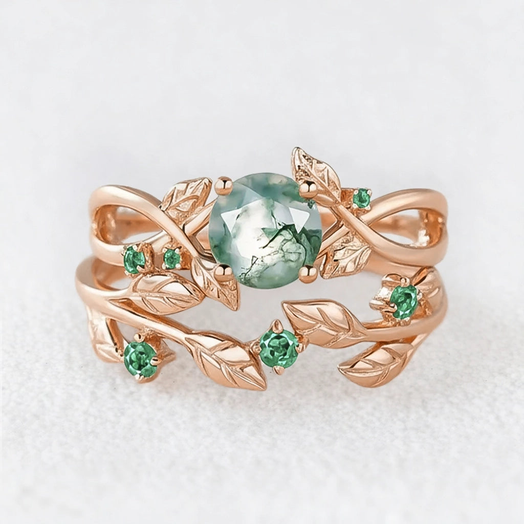 Nature Inspired Round Cut Moss Agate & Emerald Bridal Set.