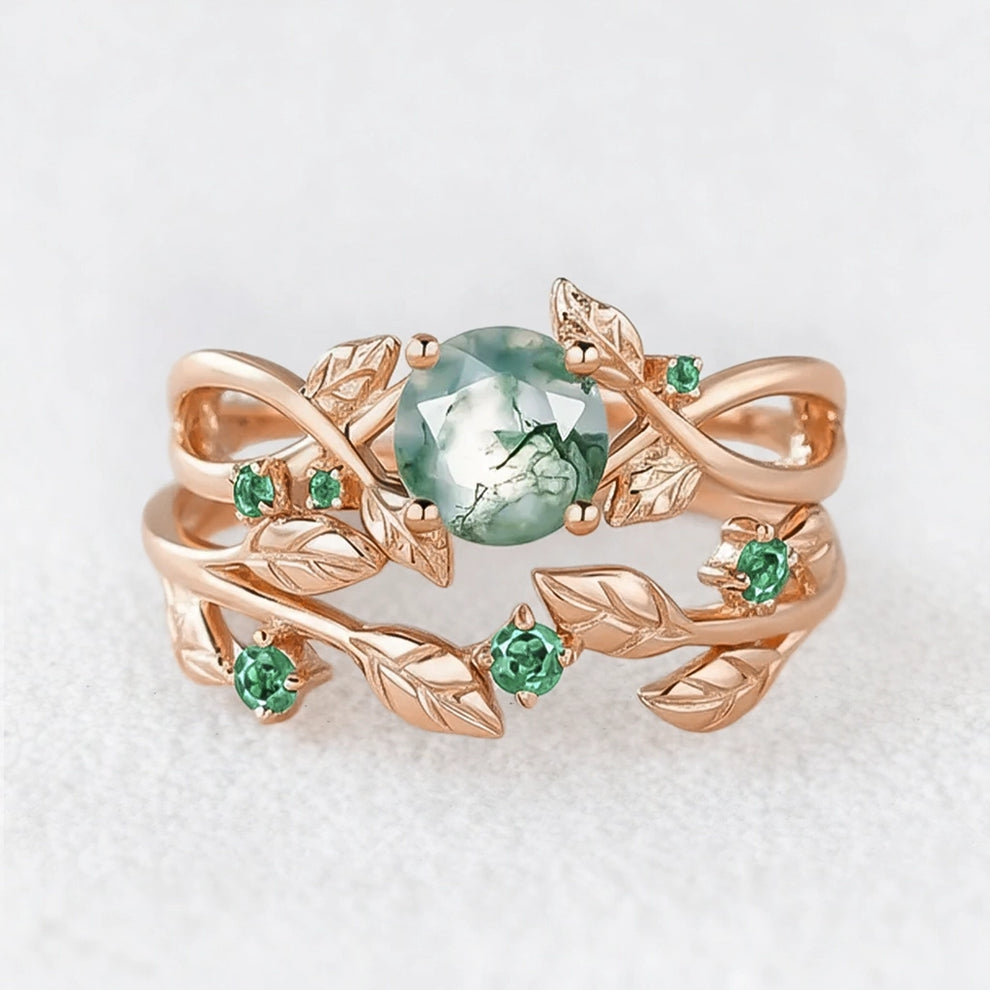 Nature Inspired Round Cut Moss Agate & Emerald Bridal Set.