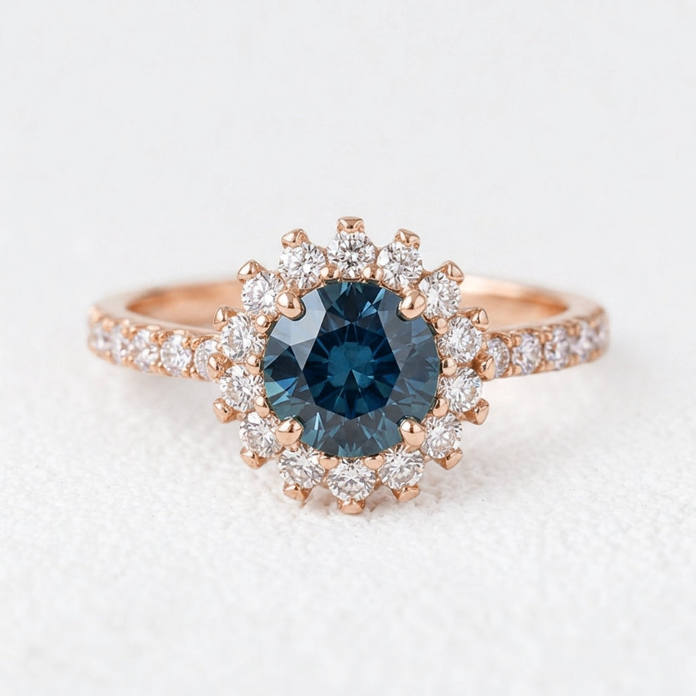 Stella’s Twilight | Blue Sapphire Halo Engagement Ring