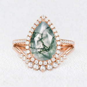 Verena 4.0ct Pear Moss Agate & Pearl Halo Ring Set 2pcs