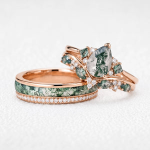 Sylvie’s Confluence | Pear Moss Agate Bridal Set & Full-Bezel Moss Agate & Diamond Band Couple Ring Set 3pcs