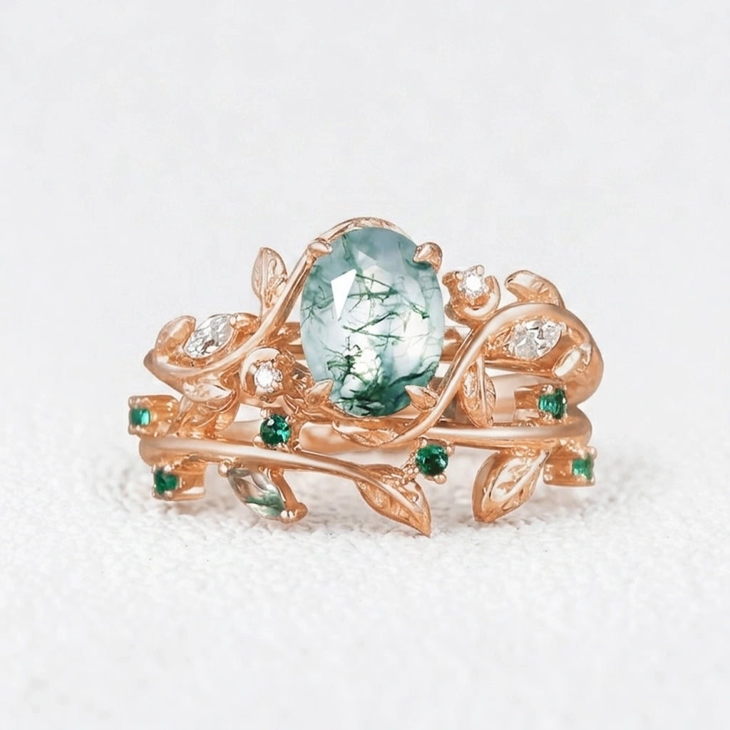 Oval Cut Moss Agate Branch Leafy Engagement Ring Set 2pcs.