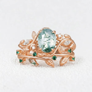 Oval Cut Moss Agate Branch Leafy Engagement Ring Set 2pcs.