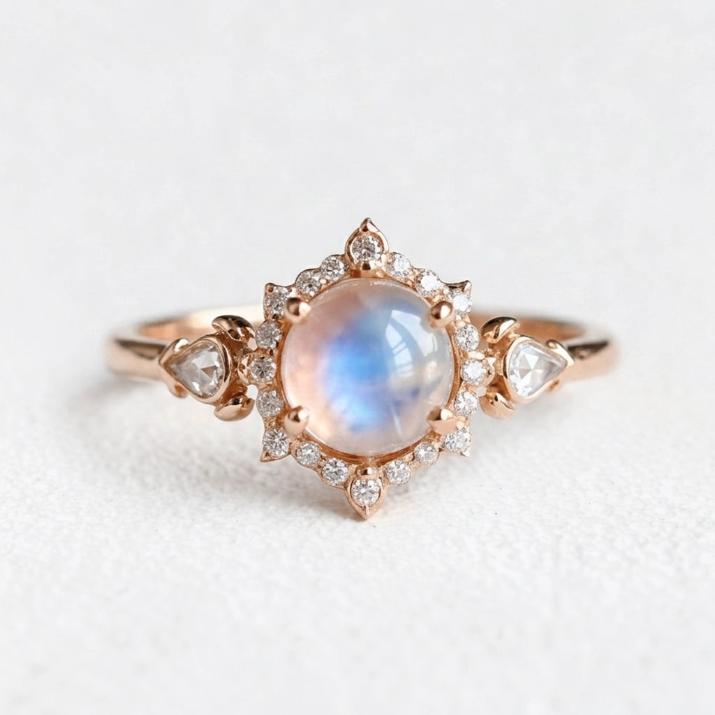 Lunar Cabochon Halo Ring – Vintage Moonstone & Diamond Engagement Ring.