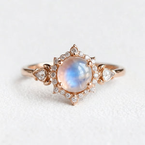 Lunar Cabochon Halo Ring – Vintage Moonstone & Diamond Engagement Ring.