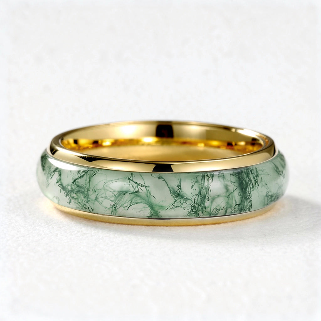 Atlas Arc | Eternal Curved Moss Agate Inlay Wedding Band.