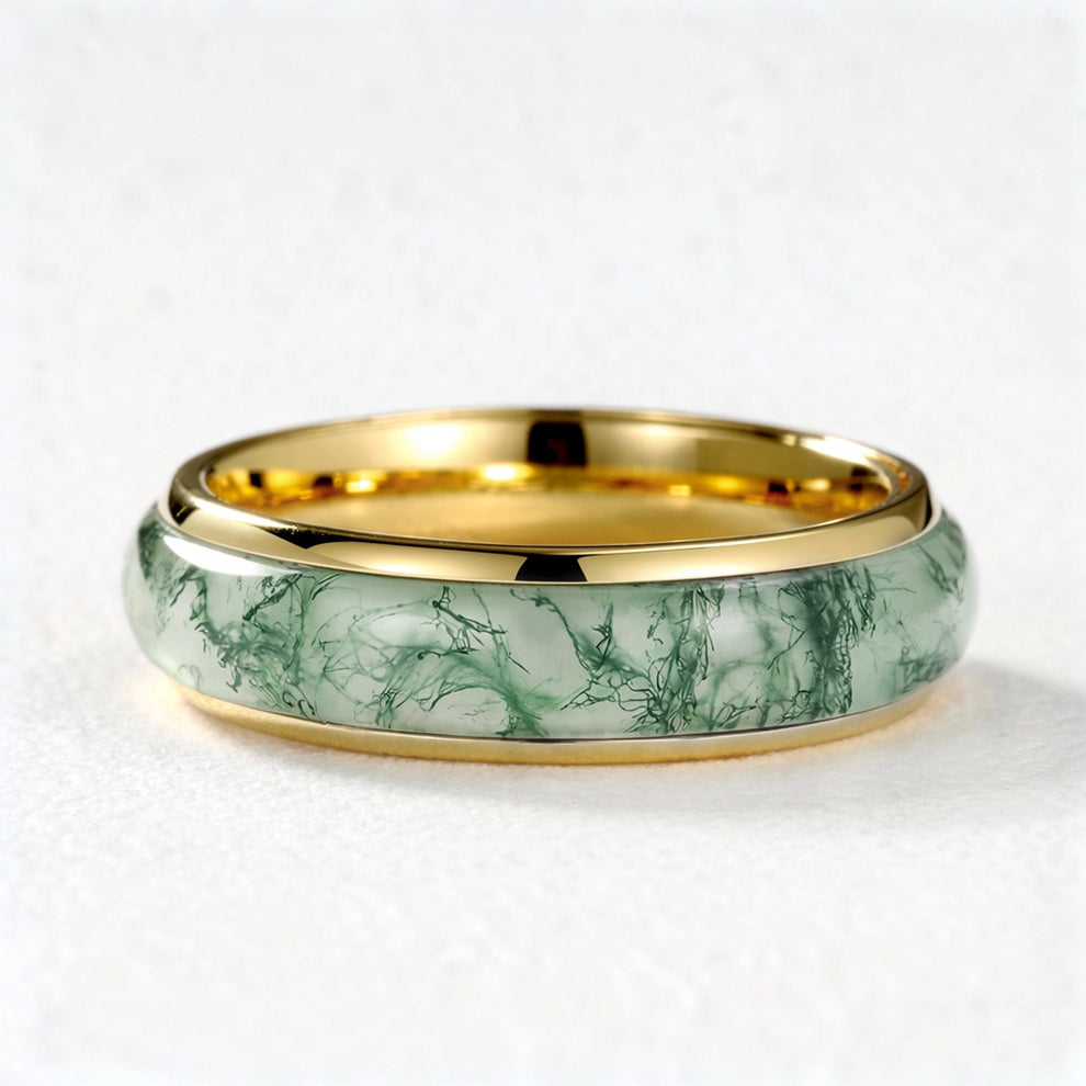 Atlas Arc | Eternal Curved Moss Agate Inlay Wedding Band.