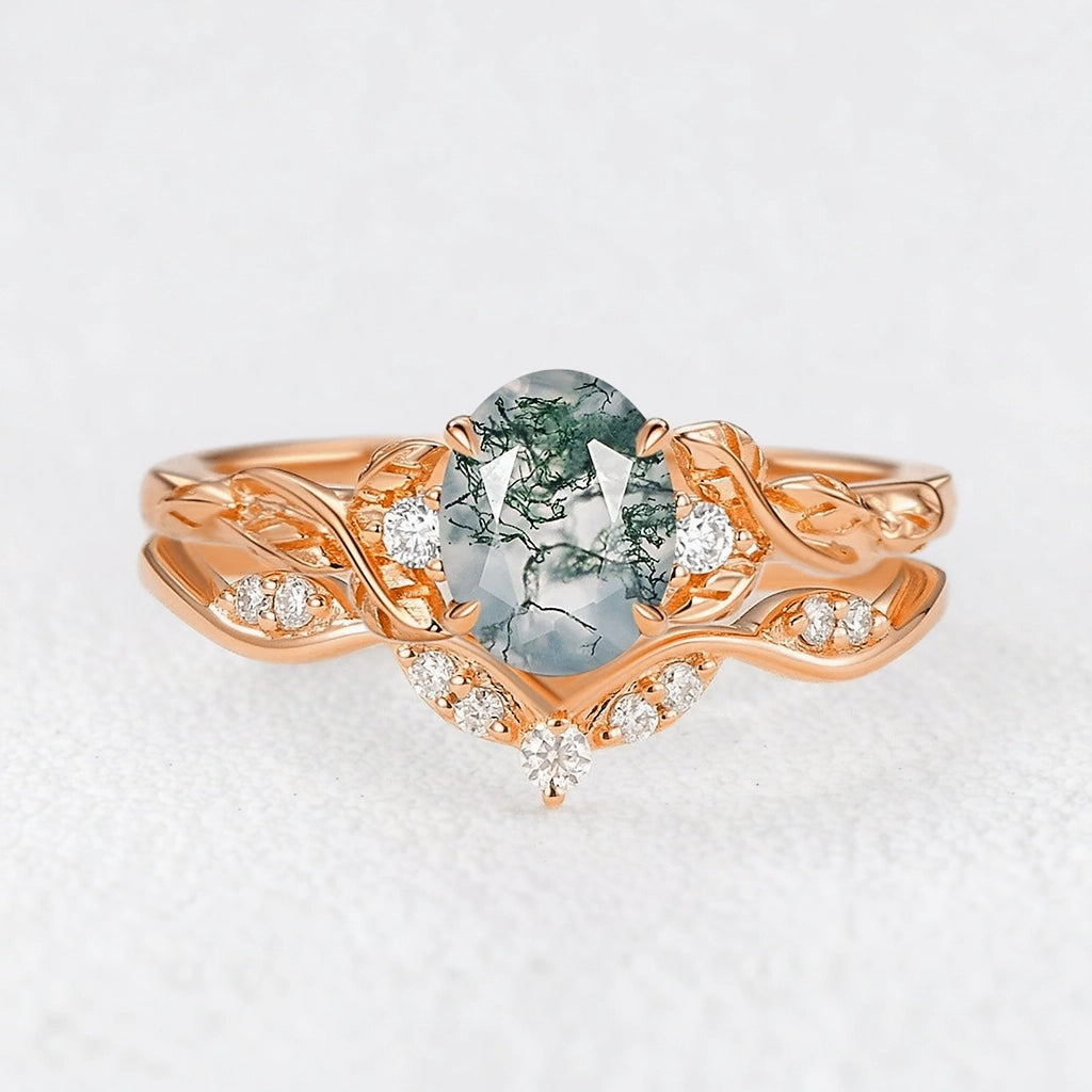 Oval Shaped Moss Agate Leafy Engagement Ring Set 2pcs