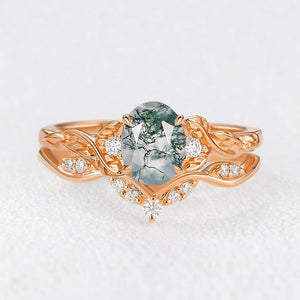 Oval Shaped Moss Agate Leafy Engagement Ring Set 2pcs