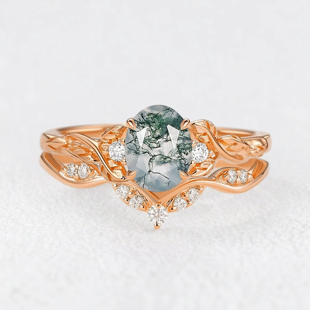 Oval Shaped Moss Agate Leafy Engagement Ring Set 2pcs