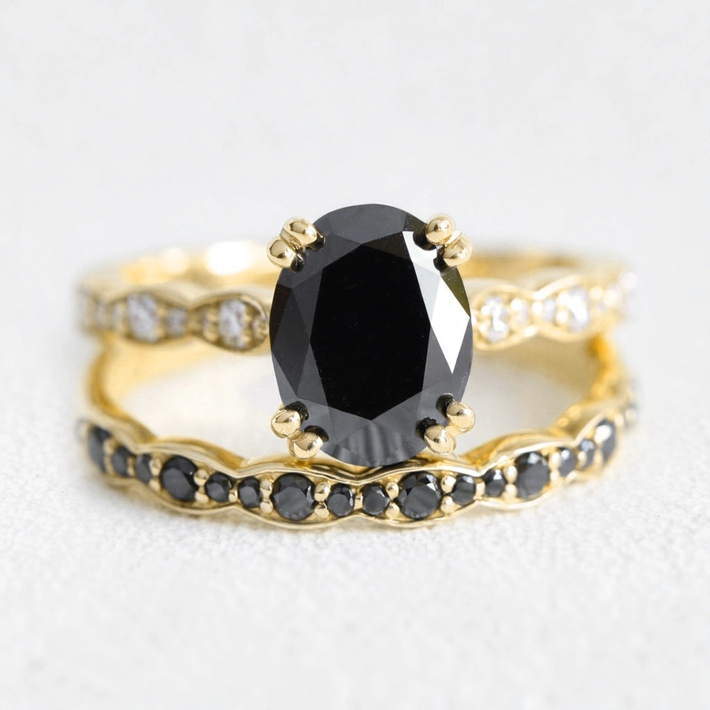 Nyx’s Shadow | Oval Black Diamond Bridal Set with Black Diamond Bands 2pcs.