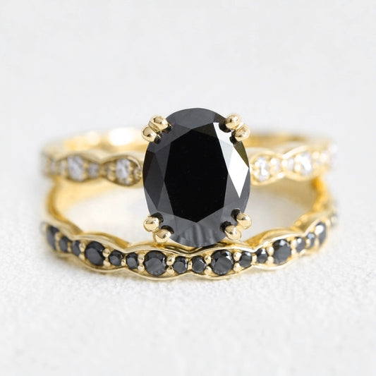 Nyx’s Shadow | Oval Black Diamond Bridal Set with Black Diamond Bands 2pcs.