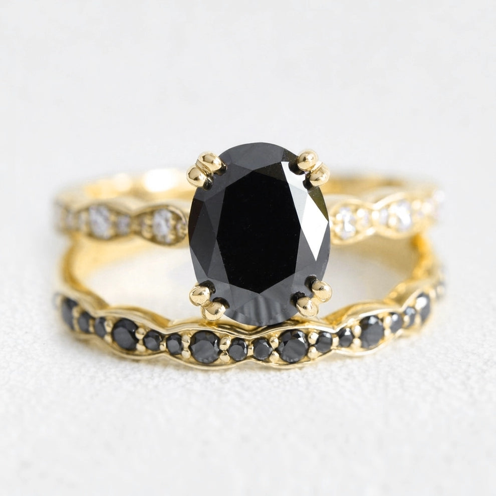 Nyx’s Shadow | Oval Black Diamond Bridal Set with Black Diamond Bands 2pcs.